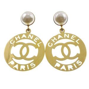 Chanel Dangle Hoop Earrings Clip-On Gold Artificial Pearl 181465